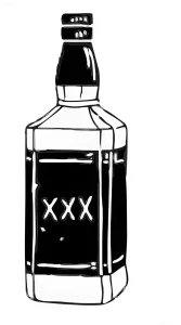 Черно-белая татуировка в стиле blackwork с изображением бутылки водки XXX — популярный мотив для празднования Дня чекушки 16 июня