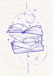Синий эскиз татуировки с открытой книгой, стопкой книг и космическими элементами — луной, звездами и орбитами