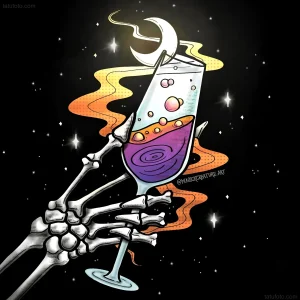 Татуировка на руке в стиле cosmic pop-art: скелет держит высокий бокал с коктейлем, украшенный планетами и луной