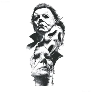 Черно-белая татуировка в стиле дотворк с изображением трёх знаковых масок из хоррор-фильмов: Майкла Майерса, Гостя и Джона Крамера, расположенных вертикально друг над другом