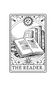 Чёрно-белый эскиз татуировки The Reader с открытой книгой, стопкой книг, солнцем и луной в круге, облаками и звёздами — идеальный вариант для тату ко Дню библиотек 27 мая