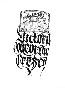 Эскиз татуировки с надписью KELLER-TAPE и стилизованным текстом VICTORIAN GHOST