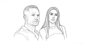 Черно-белый графический эскиз татуировки, изображающий силуэт девушки с длинными волосами и силуэт мужчины с бородой, стоящих рядом и смотрящих друг на друга.