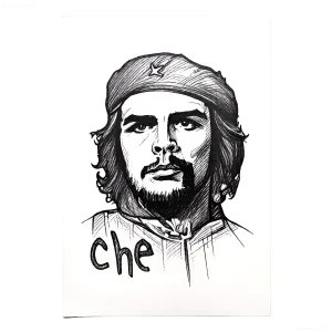 Детальный эскиз татуировки с изображением Че Гевары в берете, выполненный в технике лайнворк с штриховкой