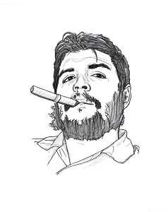 Черно-белый эскиз татуировки с изображением лица Эрнесто Че Гевары, держащего сигару во рту, выполненный в технике графического реализма с акцентом на бороду и взгляд