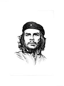 Черно-белый эскиз татуировки с изображением головы Эрнесто Че Гевары в берете, выполненный в технике детализированной штриховки