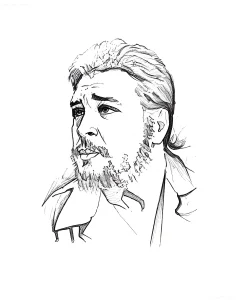 Черно-белый эскиз татуировки с изображением головы и плеч Эрнесто Че Гевары, выполненный в технике контурной графики с детальной проработкой бороды и волос