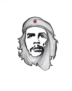 Черно-белый эскиз татуировки с портретом Че Гевары в бандане с красной звездой, выполненный в стиле графического реализма с акцентом на штриховку и контур