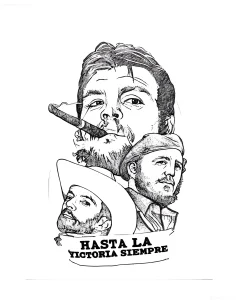 Черно-белый эскиз татуировки в стиле лайнворк, изображающий три лица: Че Гевара с сигарой, Че Гевара в берете и Фидель Кастро в панаме, с надписью Hasta La Victoria Siempre
