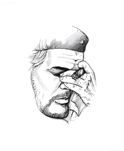 Черно-белый эскиз татуировки в стиле реализм: портрет Че Гевары в профиль, держащего сигару, с детальной проработкой штриховки и берета с звездой