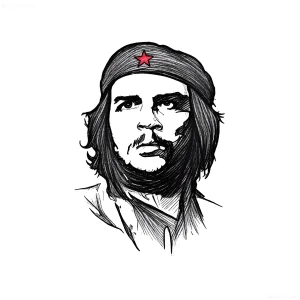 Черно-белый эскиз татуировки с портретом Че Гевары в берете с красной звездой, выполненный в технике графического реализма