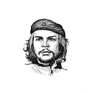 Черно-белый эскиз татуировки с портретом Эрнесто Че Гевары в берете с звездой, выполненный в технике графического реализма с акцентом на штриховку и контур