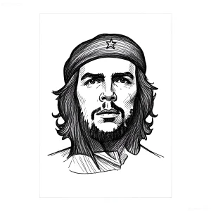 Черно-белый эскиз татуировки портрета Эрнесто Че Гевары в бандане с пятиконечной звездой, выполненный в технике лайнворк с акцентом на детализацию лица и волос