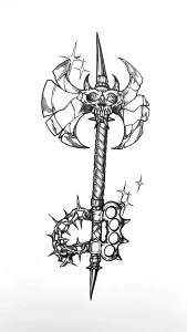 Черно-белый эскиз татуировки в стиле blackwork: скрещенный топор с черепом на рукояти, шипованный браслет и звёздочки — идеален для фанатов экстремальных видов спорта