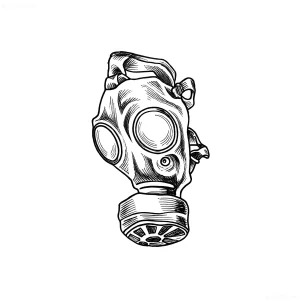 Черно-белый эскиз татуировки с изображением классического противогаза с фильтром, выполненный в технике лайнворк и штриховки