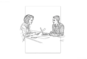 Чёрно-белый линейный эскиз татуировки, изображающий женщину-мастера и мужчину-клиента за столом, обсуждающего дизайн будущей татуировки. На столе лежат бумаги, телефон и ноутбук. Стиль минималистичный, контурный, подходит для blackwork или line art.