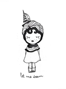Черно-белый эскиз татуировки в стиле doodle art: девочка с закрытыми глазами, в шапочке с рожком и шарфике, подпись let me dream