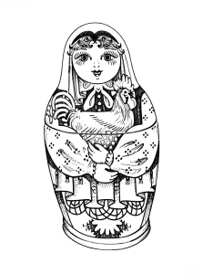 Чёрно-белый эскиз татуировки в стиле blackwork: русская матрёшка с петухом на руках, украшенная традиционными орнаментами и узорами