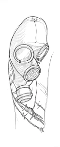 Черно-белый эскиз татуировки: детализированный противогаз с фильтром и колючая проволока, обвивающая шею — стиль реализм, подготовлен к нанесению на кожу