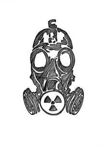 Черно-белый эскиз татуировки противогаза с фильтром радиации, выполненный в стиле графического наброска