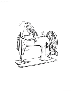 Черно-белый эскиз татуировки с изображением птицы, сидящей на старинной швейной машинке, с нитью, выходящей из клюка — символ творчества и ремесла