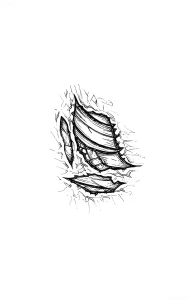 Черно-белый эскиз татуировки в стиле blackwork: разорванная кожа, из которой выступают капли крови и фрагменты мышц, окружённые динамичными линиями разрыва — мощный визуальный метафорический образ жертвенности и жизни