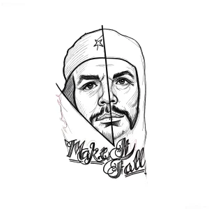Черно-белый эскиз татуировки с портретом Эрнесто Че Гевары в бандане с звездой, разрезанный по диагонали, с рукописной надписью 'Make It Fall' внизу — концепт для тату в честь дня памяти революционера на Кубе
