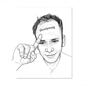 Черно-белый эскиз татуировки: мужчина указывает пальцем на надпись 'Boutywork' на своем лбу — символ скандала с мемкоином и ошибкой в названии