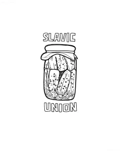 Черно-белый эскиз татуировки с надписью SLAVIC UNION и изображением банки с маринованными огурцами, украшенной укропом и специями