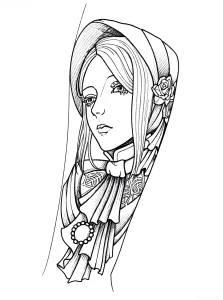 Черно-белый эскиз татуировки с изображением женского лица в платке, украшенном розой, и жемчужным ожерельем