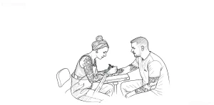 Черно-белый эскиз сцены тату-сеанса: мастер с пирсингом и тату на руках работает над предплечьем клиента на фестивале Kyiv Tattoo Event 2026