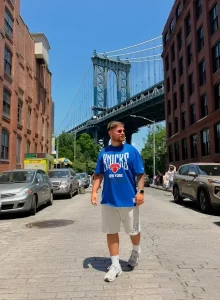 Молодой человек в синей футболке с логотипом New York Knicks и светлых шортах идет по брусчатке в районе Дамбо, на заднем плане виден Манхэттенский мост