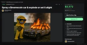 Скриншот задания на платформе Pump.fun с наградой в $3,572 за поджог автомобиля, расписанного логотипами мемкоина, рядом с персонажем в желтом костюме
