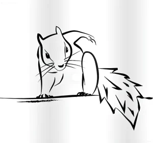 Схематичный черно-белый рисунок белой белки с пушистым хвостом, сидящей на ветке, выполненный в стиле минимализма и лайнворка для татуировки