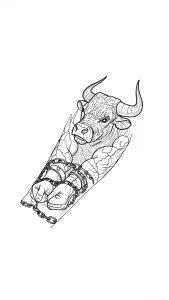 Черно-белый эскиз татуировки, изображающий голову быка с рогами, наложенную на торс атлетичного мужчины в цепях, выполненный в стиле лайнворк