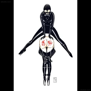 Графическая иллюстрация сцены в стиле BDSM: фигура в латексном костюме с маской доминирует над связанным персонажем, демонстрируя элементы власти и наказания