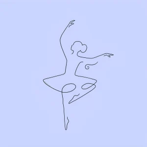 Черно-белый контурный рисунок балерины в стиле continuous line на светло-голубом фоне, изображающий изящный танцевальный поворот с поднятой рукой и развернутым пачкой