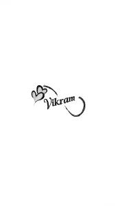 Черно-белый эскиз татуировки: имя 'Vikram' в готическом шрифте, обрамленное символом бесконечности и сердцем с переплетенными линиями