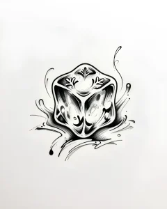 Детализированная монохромная татуировка в стиле blackwork, изображающая геометрический куб с внутренними орнаментами, окружённый динамичными чернильными разводами и растительными элементами