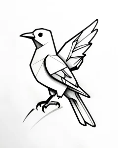 Стильный эскиз птицы в полёте, выполненный в технике blackwork с чёткими контурами и геометрической детализацией. Идеальная идея для татуировки в минималистичном стиле.