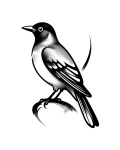 Чёрно-белая иллюстрация птицы в стиле blackwork: воробей с контрастным оперением сидит на изогнутой ветке, графичные линии и плавные градиенты, эскиз татуировки