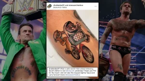 Коллаж с CM Punk, держащим пояс чемпиона WWE, и его новой татуировкой с собакой Ларри на велосипеде