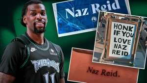 Коллаж, изображающий баскетболиста Наз Рида в форме Timberwolves и фотографии татуировок с его именем, сделанных фанатами