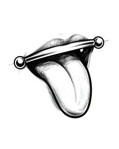 Чёрно-белая графическая иллюстрация губ с пирсингом хэдли (labret) и высовывающимся языком, демонстрирующая стильное сочетание пирсинга с чертами лица
