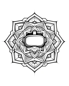 Черно-белый эскиз татуировки в стиле blackwork: симметричная мандала с изображением VR-шлема в центре
