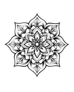 Чёрно-белая татуировка-мандала в стиле blackwork с точной геометрией, дотворком и многослойной цветочной композицией