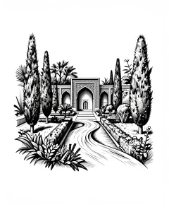 Чёрно-белая иллюстрация в технике woodcut: персидский сад с извилистой дорожкой, ведущей к зданию с тремя арочными нишами (iwans), обрамлённому высокими кипарисами, пальмами и кустарниками