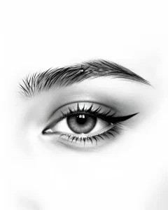 Близкий план глаза с пирсингом брови (eyebrow piercing) в стиле реализма. Ч/б фотография демонстрирует прокол и широкую иглу в области надбровной дуги.