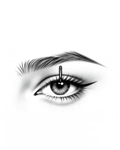 Реалистичная графическая иллюстрация пирсинга брови (eyebrow piercing) с вертикальным стержнем, выполненная в черно-белом стиле