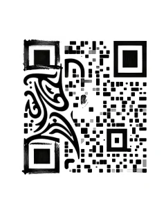 Стилизованный QR-код с элементами традиционной татуировки маори: чернильные рамки, орнаментальные узоры koru и пиксельная сетка на белом фоне